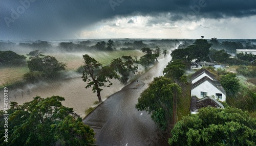 A scene of a hurricane with huge winds and rain, uprooting trees and blowing roofs off houses.