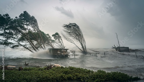 A scene of a hurricane with huge winds and rain, uprooting trees and blowing roofs off houses.