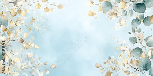 Golden and Teal Eucalyptus Leaves on Blue Background
