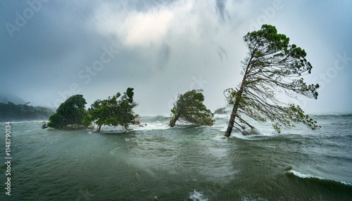 A scene of a hurricane with huge winds and rain, uprooting trees and blowing roofs off houses.