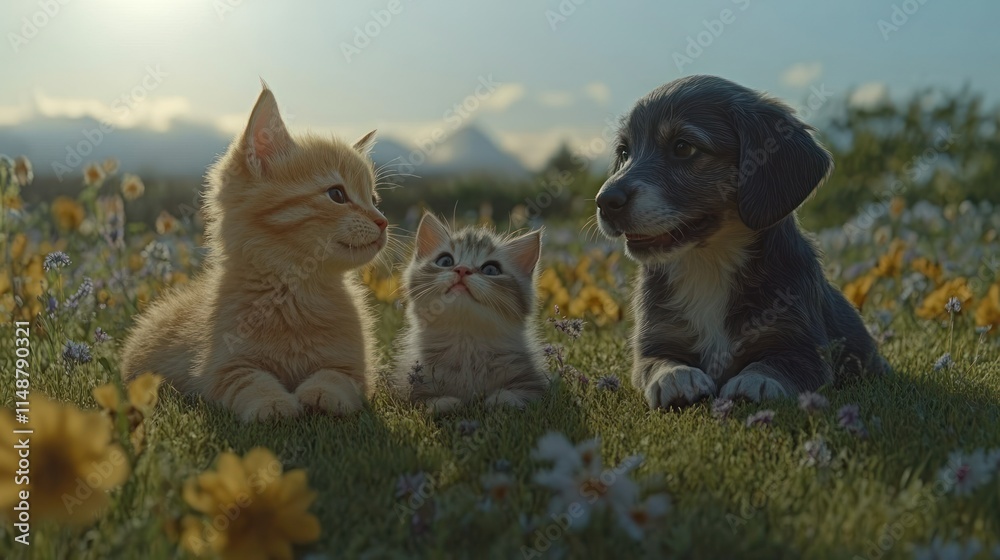 Obraz premium Two kittens and a puppy in a flower field.