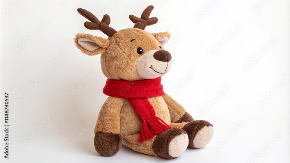 Fototapeta premium Cute Plush Reindeer Toy Sitting with a Red Scarf On a White Background