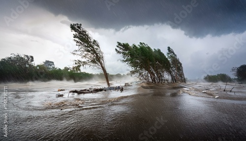 A scene of a hurricane with huge winds and rain, uprooting trees and blowing roofs off houses.