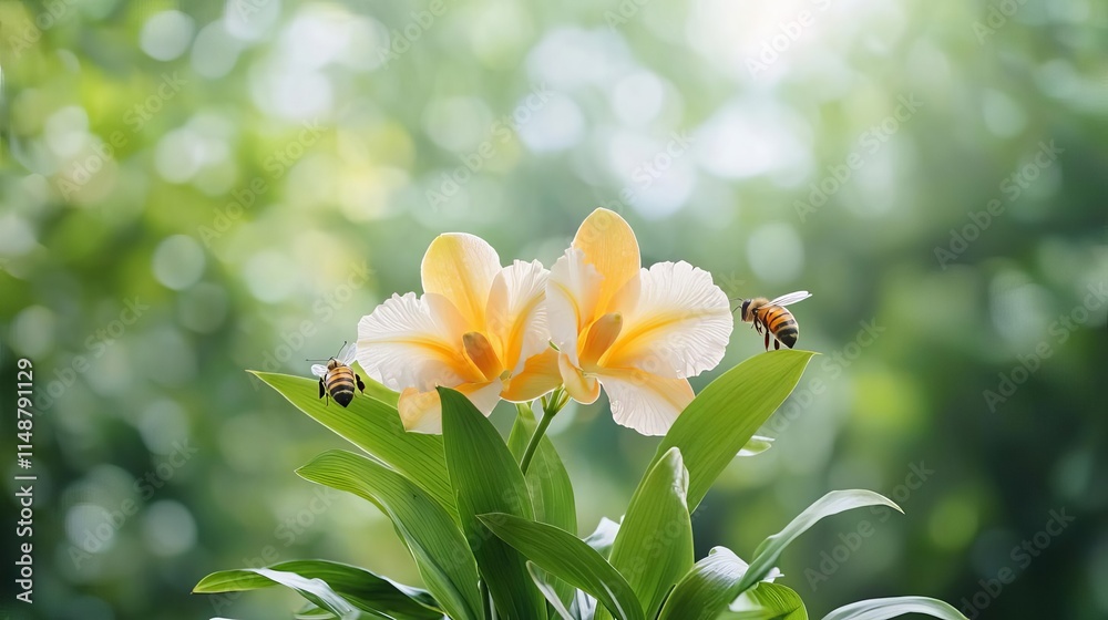 Obraz premium Tropical breeze wildlife concept. Beautiful yellow flowers with bees in a lush green background.