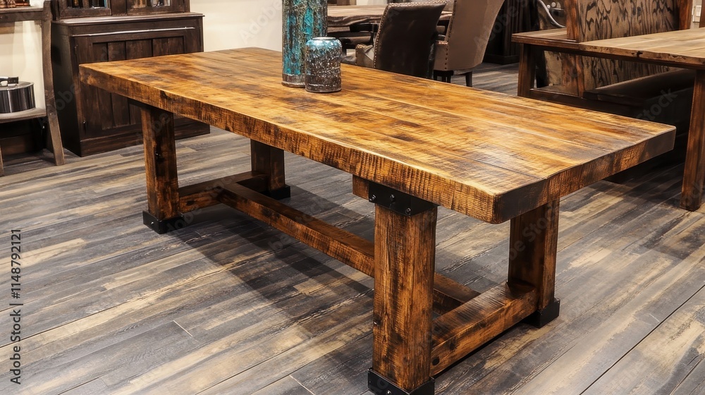 Rustic wooden dining table in modern interior setting Rustic wooden dining table in modern interior setting