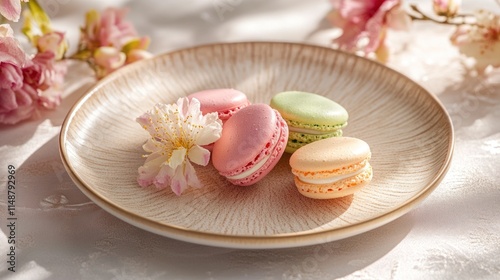 Pastel Macarons on Elegant Plate with Blossoms photo