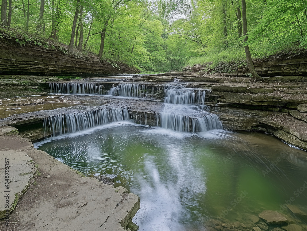 Captured in stunning high-definition photography, this image reveals a lush green forest scene where a central stream cascades down from a waterfall above, forming multiple small cascades and flows. Captured in stunning high-definition photography, this image reveals a lush green forest scene where a central stream cascades down from a waterfall above, forming multiple small cascades and flows.