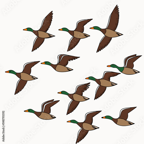 A vector artwork of a migrating flock of ducks in flight, ideal for digital and graphic design projects.