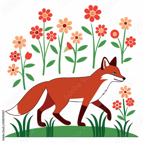 A vibrant digital artwork of a red fox running through a colorful flower garden, showcasing nature and motion in a picturesque scene