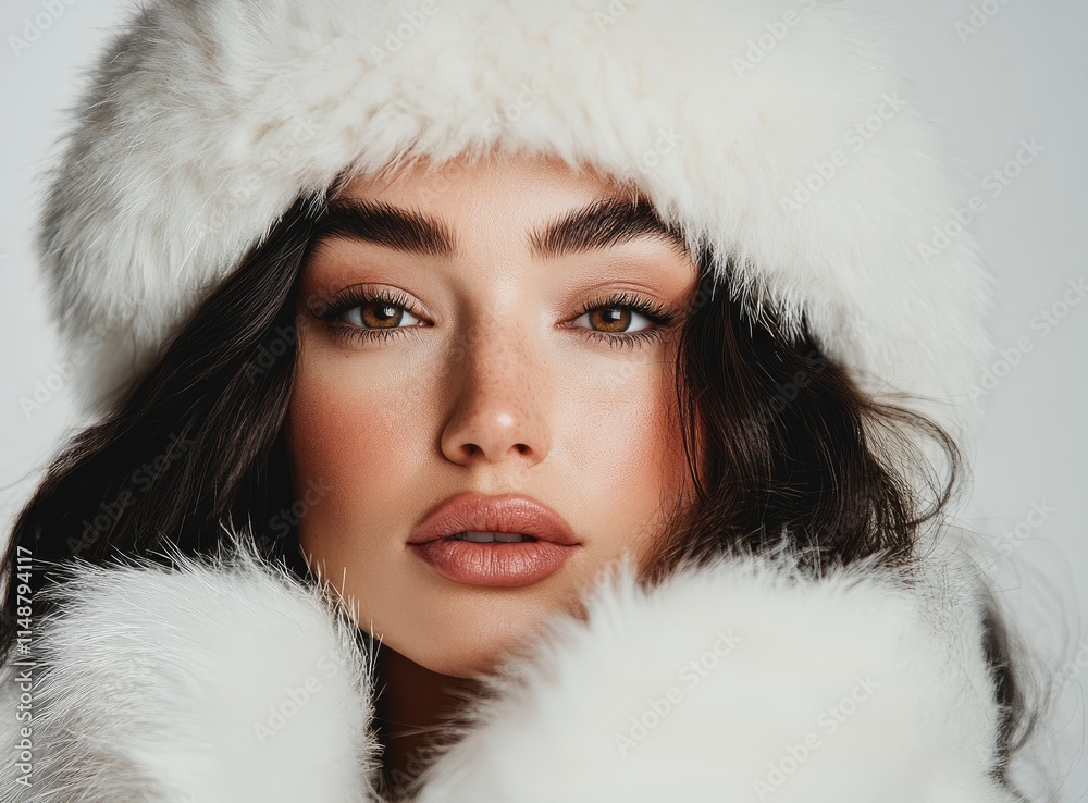 A beautiful woman in a white fur coat, set against a winter-themed white background with soft lighting. A beautiful woman in a white fur coat, set against a winter-themed white background with soft lighting.