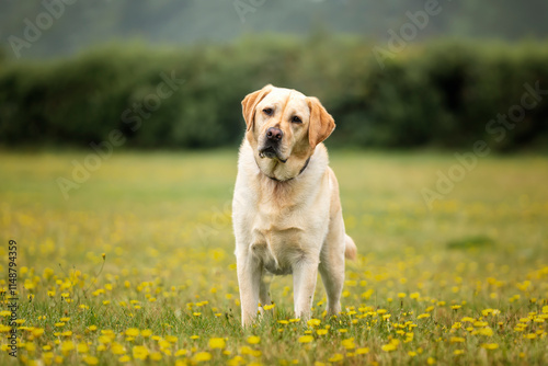 Yellow Labrador having fun at Ascot Heath in the summer with a head tilt