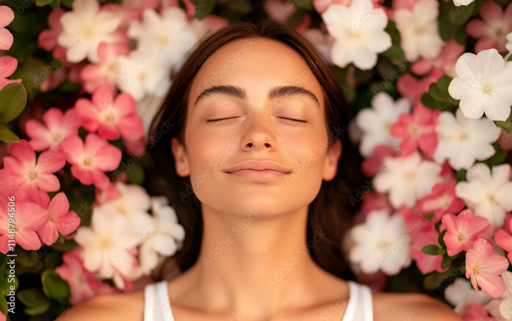 Emotional value peace expression awareness reflection. A woman peacefully relaxes among blooming flowers.
