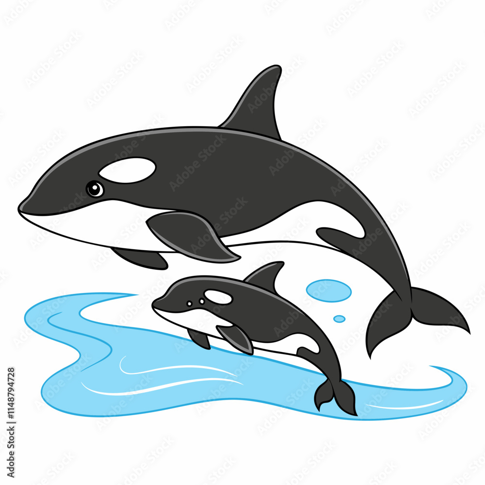 Naklejka premium A heartwarming vector artwork of a mother orca swimming gracefully with her newborn baby, showcasing a serene underwater bond.