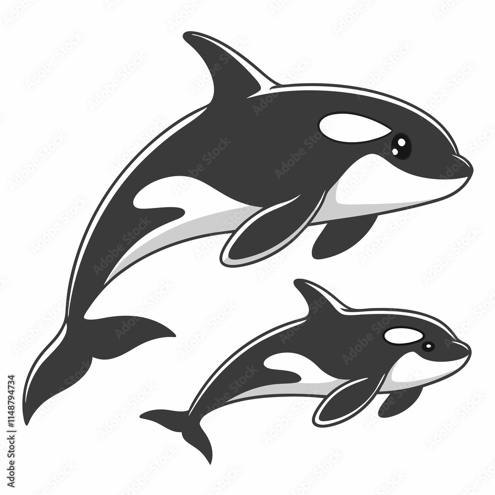 Naklejka premium A heartwarming vector artwork of a mother orca swimming gracefully with her newborn baby, showcasing a serene underwater bond.