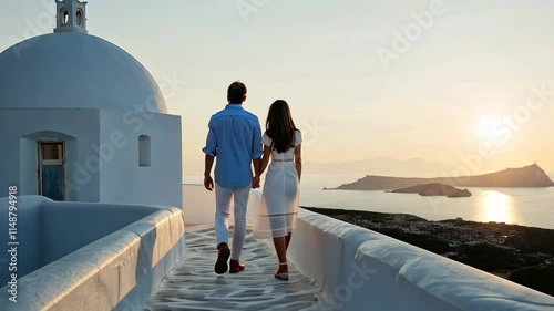A loving couple walking along a whitewashed path overlooking the Aegean Sea at sunset.