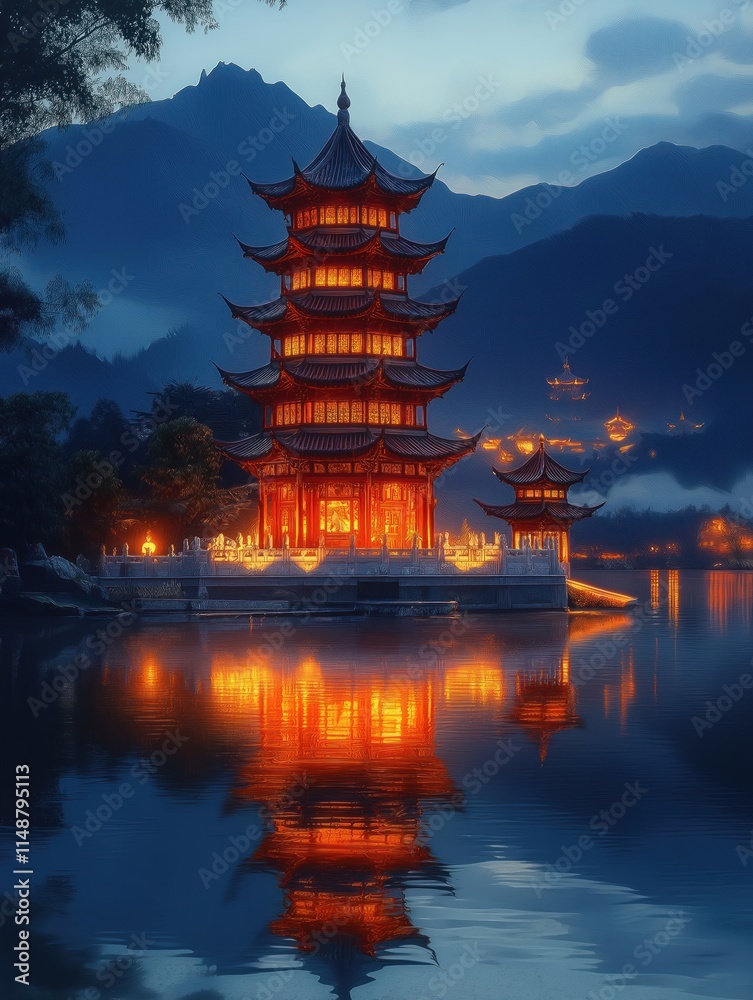 Obraz premium Luminous traditional Chinese temple stands on lake at night. Ornate architecture reflects in calm water. Mountains rise in background. Warm golden light emanates from building. Peaceful serene scene.