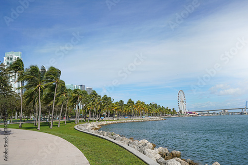 Walking path in Bayfront Park along Biscayne Bay in downtown Miami