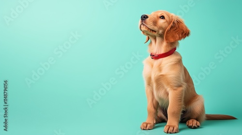 Golden retriever puppy wearing a red collar, sitting against a mint green background and looking up. photo