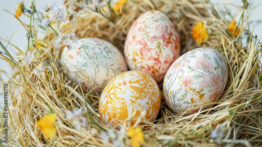 A close-up of pastel-colored Easter eggs nestled in a straw nest, featuring delicate floral patterns, creating a cozy and festive atmosphere.