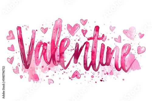 Valentine is a pink word with hearts surrounding it