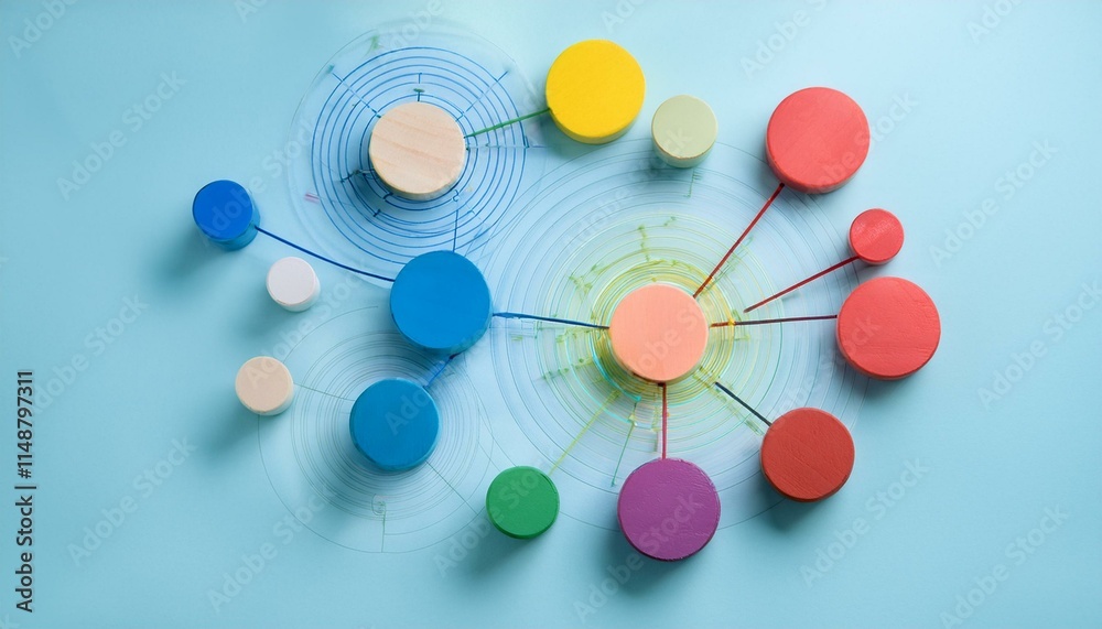 Fototapeta premium An abstract representation of a network of colored and sized circles moving toward and away from each other