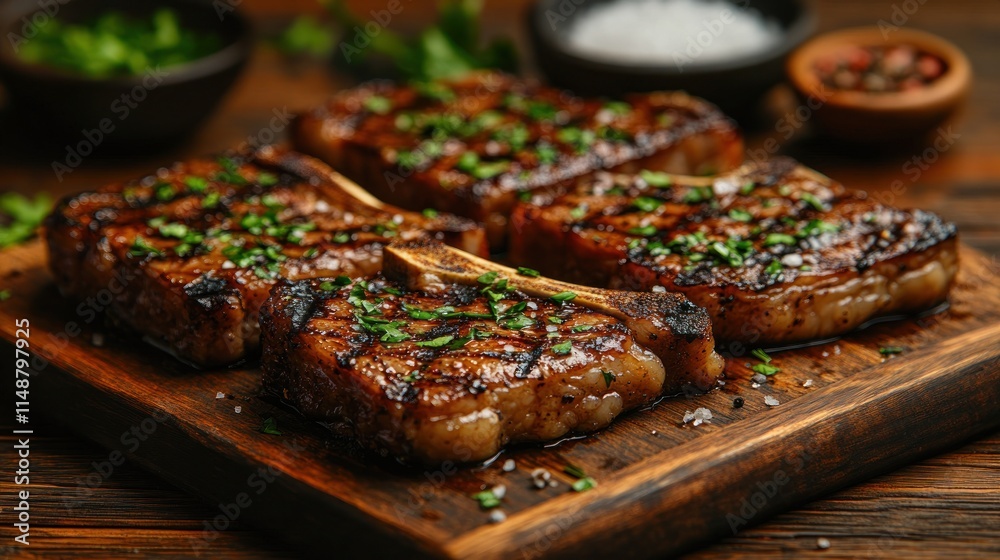 Grilled beef steaks on wooden cutting board. Grilled beef steaks on wooden cutting board.
