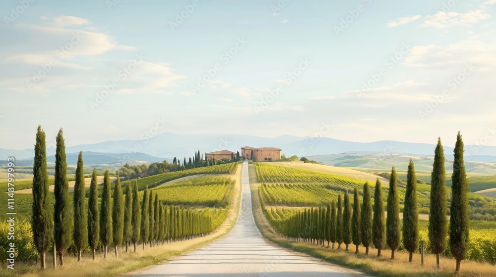 Scenic cypress avenue winds through rolling hills vineyards. Sunlight illuminates pathway leading to charming estate. Green foliage surrounds road. Tranquil, picturesque countryside landscape. Travel Scenic cypress avenue winds through rolling hills vineyards. Sunlight illuminates pathway leading to charming estate. Green foliage surrounds road. Tranquil, picturesque countryside landscape. Travel
