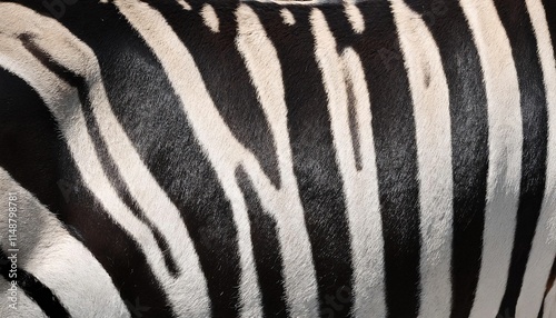 close-up view of zebra fur featuring bold contrasting black and white stripes in natural texture
 photo