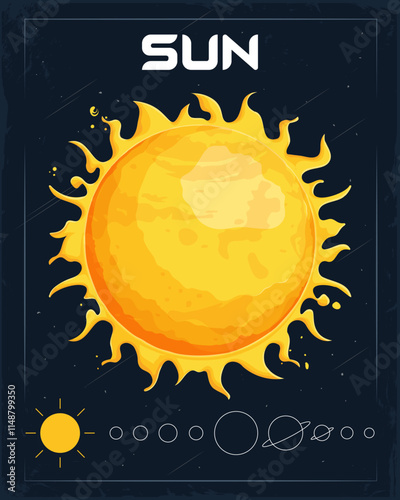 Hand drawn golden bright sun with scorching flames on the surface, in the glowing milky way galaxy