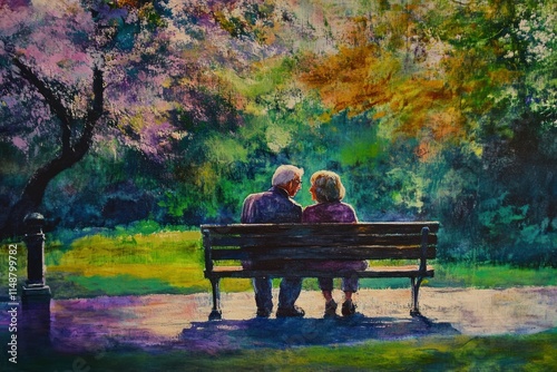 Romantic Moment of an Elderly Couple Sitting on a Park Bench Surrounded by Colorful Trees and Blossoms in a Serene Outdoor Setting