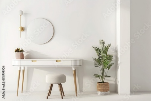 3D rendering of a white dressing table with golden legs and a mirror on top, a gold wall sconce light, a plant pot decoration in front of the desk