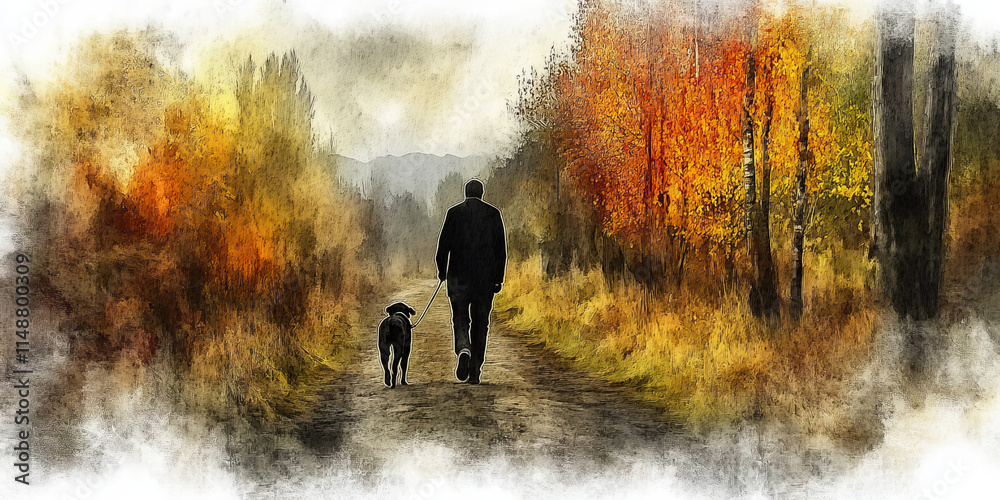 Fototapeta premium peaceful scene of person walking dog through colorful autumn landscape, surrounded by trees and nature beauty