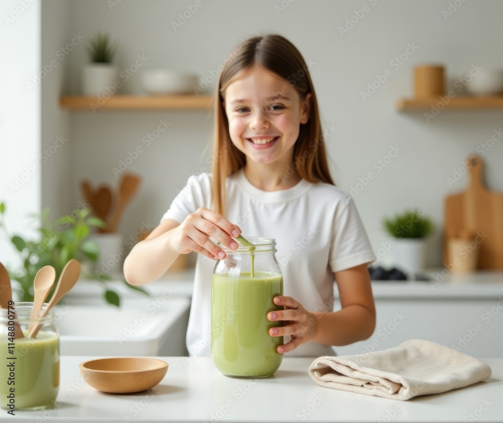 Eco Friendly Minimalist Kitchen with Young Girl Preparing Smoothie. Ideal for promoting eco products, sustainable living campaigns, or minimalist lifestyle blogs Eco Friendly Minimalist Kitchen with Young Girl Preparing Smoothie. Ideal for promoting eco products, sustainable living campaigns, or minimalist lifestyle blogs