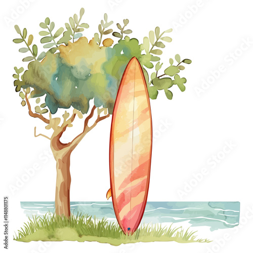 A watercolor drawing of a summer surfboard leaning against a tree, isolated on a white background. Surfboard vector.
