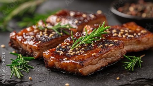 Grilled teriyaki beef with sesame and rosemary.