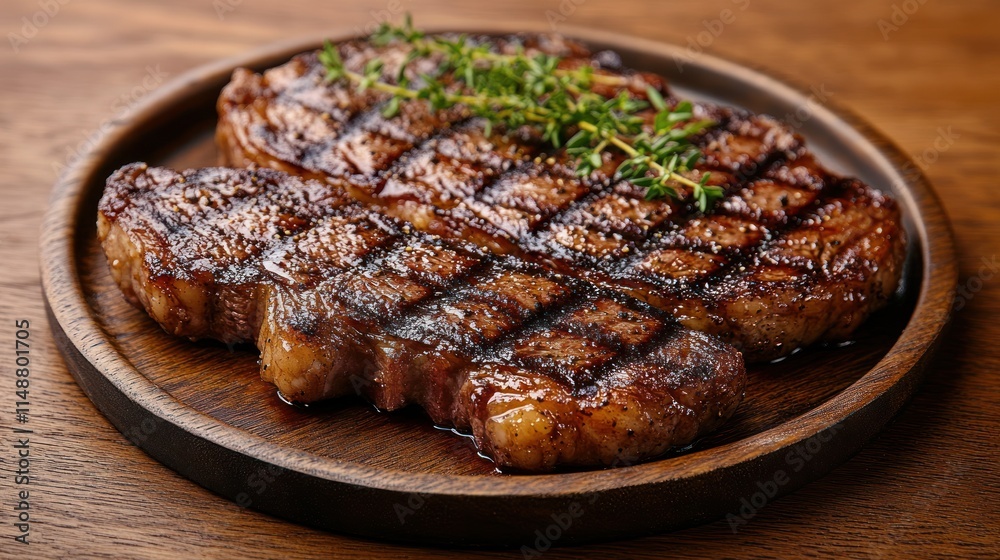 Grilled steak with thyme on wooden plate. Grilled steak with thyme on wooden plate.
