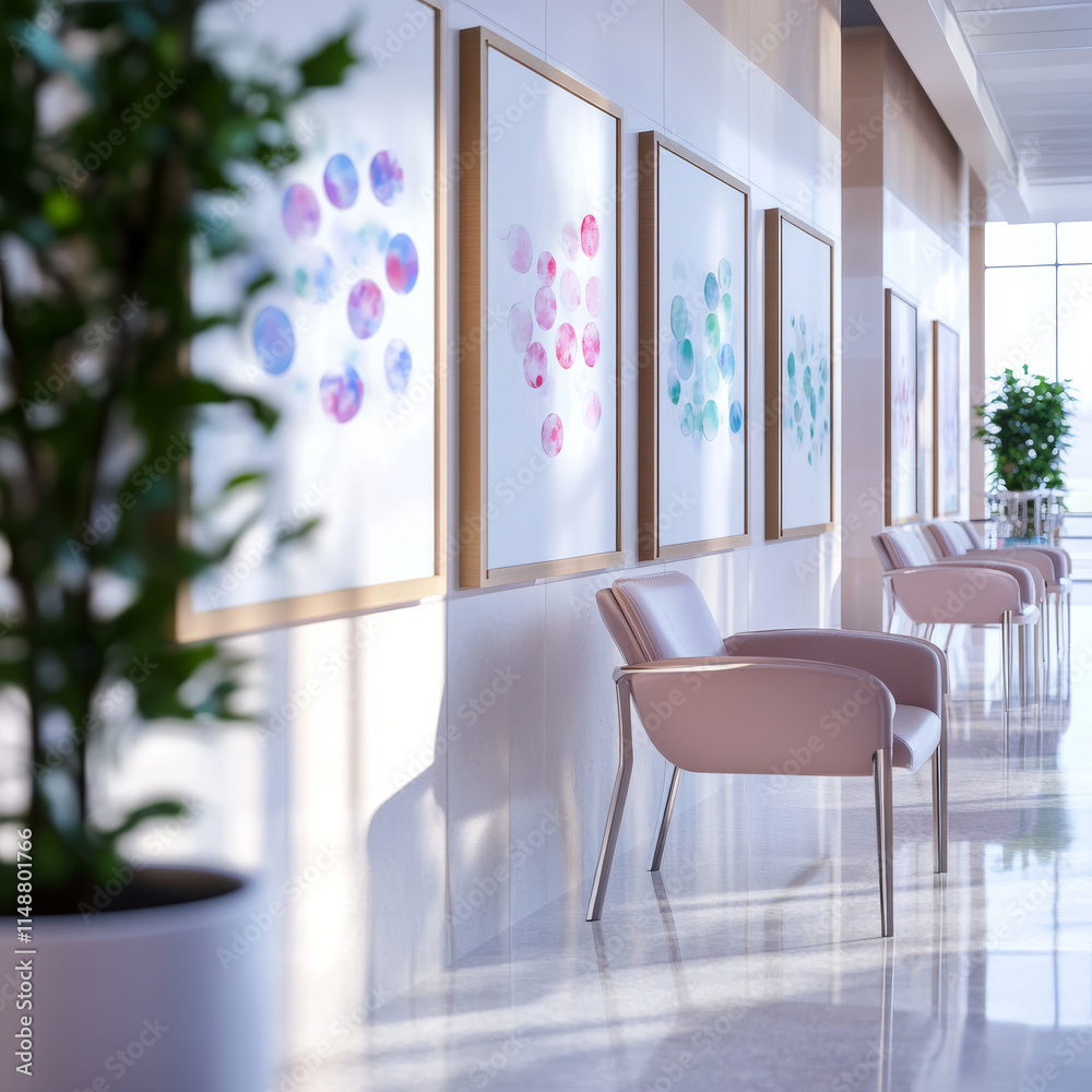 Fototapeta premium modern hallway featuring elegant chairs and colorful artwork, emphasizing serene atmosphere