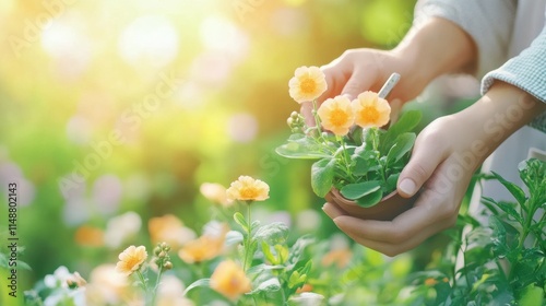 Fototapeta Naklejka Na Ścianę i Meble -  Hands holding potted yellow flowers in a garden with green foliage. Gardening and springtime planting concept.