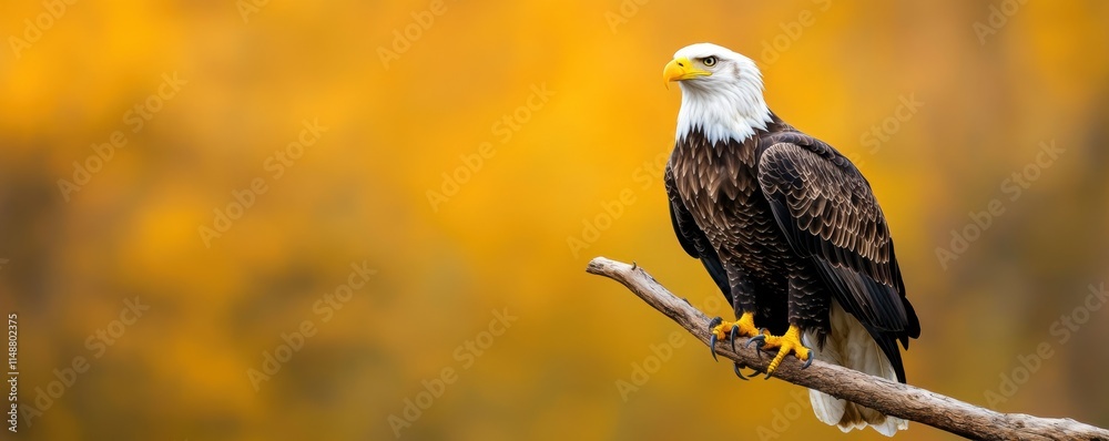 Fototapeta premium Bald eagle perched on a tree branch against a yellow blurred background. Wildlife photography with natural setting.