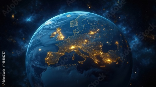 Planet Earth seen from space at night. European cities shine with glowing lights. Cosmos background shows stars, galaxy. Global view of continents. Stunning night sky. Beautiful space photo. Planet photo