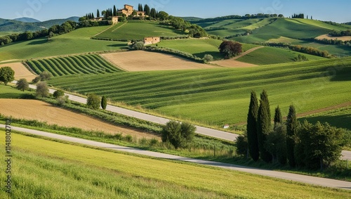 Tuscany Countryside in Italy, Rolling Hills and Scenic Vistas at Sunrise, Captured in Stunning Detail, Showcasing the Beauty of the Italian Landscape