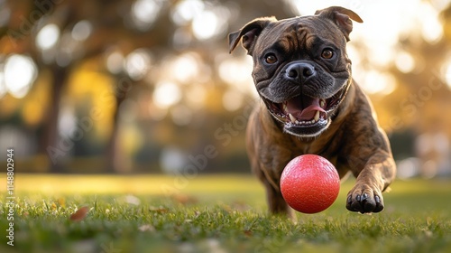 Joyful bulldog playing with red ball in autumn park photo