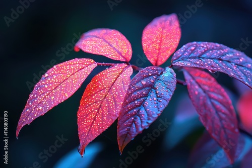 A close-up view of vibrant, multi-colored leaves adorned with droplets, showcasing a blend of red and purple hues against a dark background.