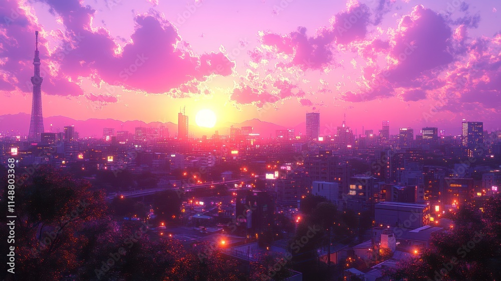 Fototapeta premium Vibrant sunset over a city skyline.