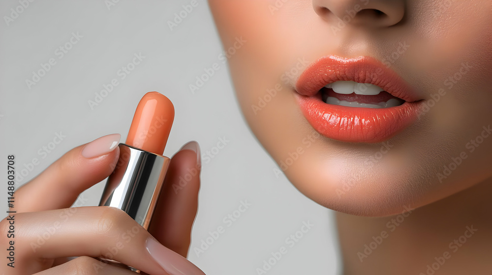 Obraz premium Close Up Person Applying Lip Balm on Plain Background Emphasizing Lip Care Self Care with Copy Space