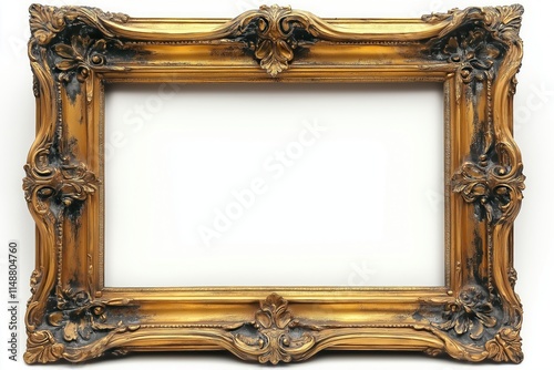 Large antique gold picture frame. Decorative vintage style ornate frame. Elegant ornate details. Empty frame on white background. Ideal for displaying artwork. Impressive frame evokes sense of