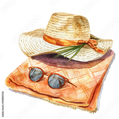 A watercolor drawing of a sun hat and sunglasses on a towel, isolated on a white background. Sun hat vector.
