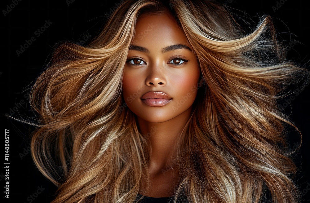 Obraz premium Beautiful African American woman with long blonde hair posing for a product photo on a black background, with her hair flowing straight and loose. Natural Beauty