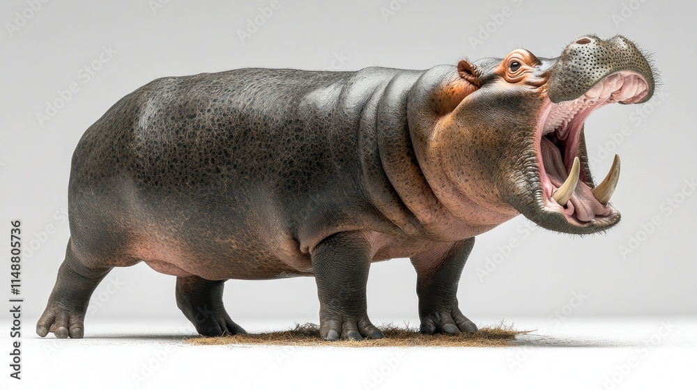 Hippopotamus roaring aggressively, displaying large teeth. Hippopotamus roaring aggressively, displaying large teeth.