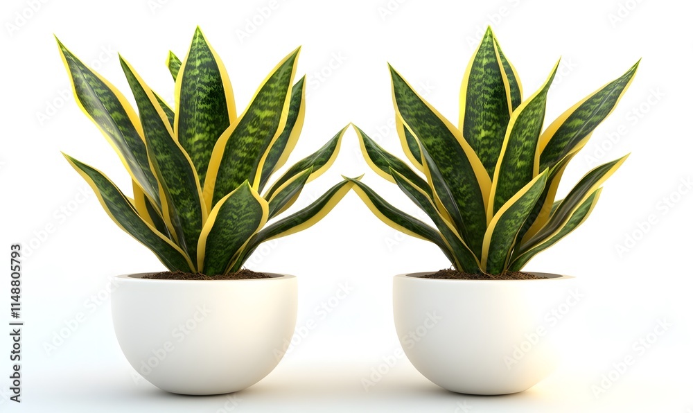 Two snake plants in white pots against a white background. Two snake plants in white pots against a white background.